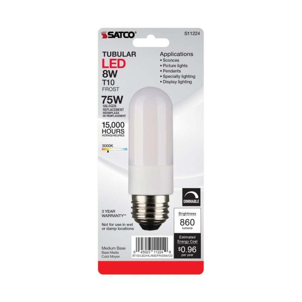 8W 120v T10 LED Frosted E26 3000K High Lumen Tubular Bulb Carded - 60w equiv Online Hot Sale