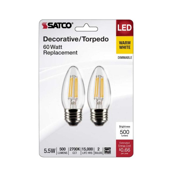 2Pk - 5.5W B11 LED Clear Medium Base 2700K 500 Lumens 120v For Sale