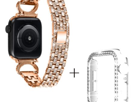 Apple Watch SE 2022 (44mm) rhinestone décor 5-bead metal strap with clear cover - Rose Gold Online Sale