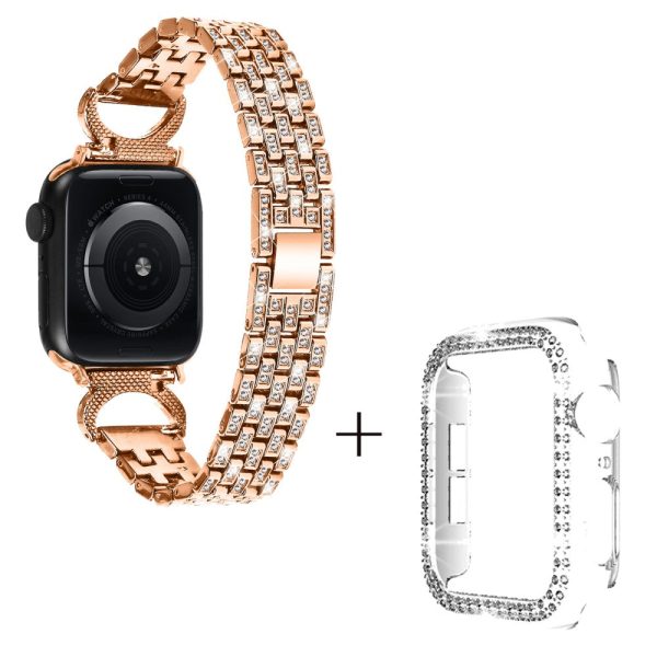 Apple Watch SE 2022 (44mm) rhinestone décor 5-bead metal strap with clear cover - Rose Gold Online Sale