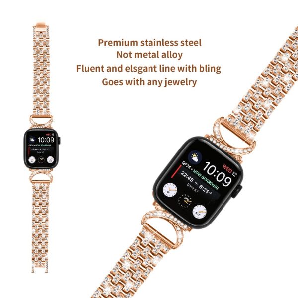 Apple Watch SE 2022 (44mm) rhinestone décor 5-bead metal strap with clear cover - Rose Gold Online Sale