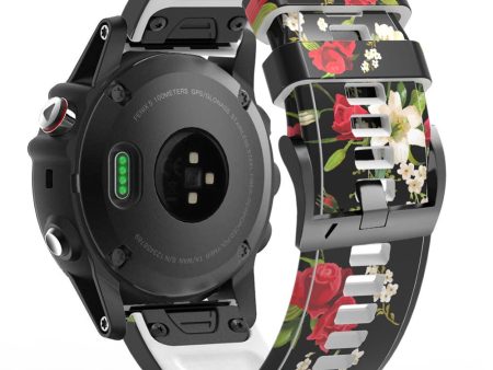 26mm pattern style silicone strap for Garmin watch - Black   Red Flower on Sale