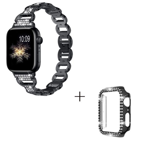 Apple Watch SE 2022 (44mm) rhinestone décor alloy strap with cover - Black Hot on Sale